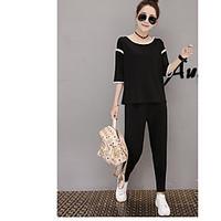 Women\'s Daily Straight Leg Others Spring Summer T-shirt Pant Suits, Solid Crew Neck ½ Length Sleeve