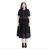 Women\'s Plus Size Vintage Lace Dress, Solid Shirt Collar Midi Short Sleeve Polyester Summer Mid Rise Micro-elastic Medium