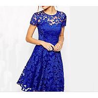 Women\'s Going out Simple Lace Dress, Solid Floral Round Neck Knee-length Short Sleeve Cotton Summer Mid Rise Micro-elastic Medium