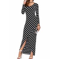 Women\'s Casual/Daily Simple A Line Dress, Striped Round Neck Knee-length Long Sleeve Cotton Summer Mid Rise Micro-elastic Thin