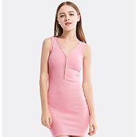 Women Sexy Club Deep V-Neck Zipper Tank Sleeveless Slim Tops Cotton Mini Pack Hip Waist Dress