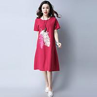 Women\'s Casual/Daily Holiday Vintage A Line Dress, Print Round Neck Midi Short Sleeve Linen Summer Mid Rise Micro-elastic Thin