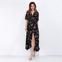 Women\'s Going out Casual/Daily Beach Sexy Swing Dress, Floral Deep V Maxi Asymmetrical ½ Length Sleeve Polyester Spring Summer Mid Rise