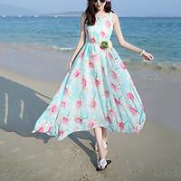 womens beach holiday boho chiffon swing dress floral round neck maxi s ...