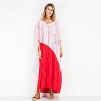 Women\'s Casual/Daily Simple Loose Dress, Color Block V Neck Maxi Short Sleeve Silk Cotton Summer Fall Low Rise Micro-elastic Medium