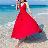 Women\'s Going out Beach Boho Loose Dress, Solid V Neck Maxi Sleeveless Silk Summer Mid Rise Inelastic Thin