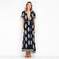 Women\'s Casual/Daily Simple Sheath Dress, Print V Neck Maxi Short Sleeve Cotton Summer Mid Rise Micro-elastic Medium