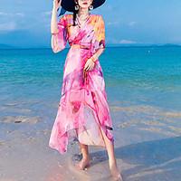 Women\'s Going out Beach Sheath Dress, Print V Neck Midi Short Sleeve Silk Summer Fall High Rise Inelastic Medium