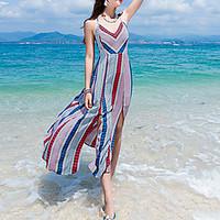 Women\'s Going out Beach Loose Dress, Floral Print V Neck Maxi Sleeveless Silk Cotton Summer Fall Mid Rise Micro-elastic Medium