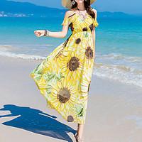Women\'s Going out Beach Simple Sheath Dress, Print Boat Neck Maxi Short Sleeve Silk Summer Mid Rise Inelastic Medium