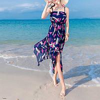 Women\'s Going out Beach Sheath Dress, Print Boat Neck Knee-length Sleeveless Silk Cotton Summer High Rise Inelastic Medium