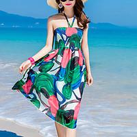 Women\'s Going out Beach Sheath Dress, Print Boat Neck Midi Sleeveless Silk Summer Fall Low Rise Inelastic Medium