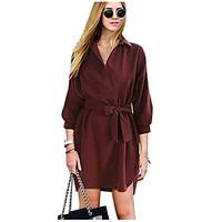 Women\'s Going out Casual/Daily Simple Sheath Dress, Solid Shirt Collar Above Knee Long Sleeve Rayon Spring High Rise Micro-elastic Medium
