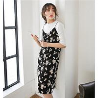 Women\'s Going out Casual/Daily Simple Cute Loose Shift Dress, Floral Strap Knee-length Sleeveless Polyester Spring Summer Mid Rise