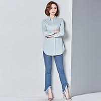 womens casualdaily simple shirt solid striped stand long sleeve cotton