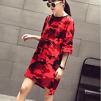 Women\'s Going out Casual/Daily Sexy Simple Loose Dress, Camouflage Round Neck Above Knee Asymmetrical Short Sleeve Polyester Spring Summer