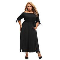 Women\'s Off The Shoulder Black Chambray Off the Shoulder Belted Curvy Dress