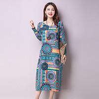 Women\'s Casual/Daily Loose Shift T Shirt Dress, Print Round Neck Midi Long Sleeve Cotton Spring Summer Mid Rise Micro-elastic Thin