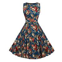 Women\'s Round Collar Floral Print Highwaist Swing Slim Tutu Dress
