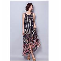 womens beach swing dress floral round neck maxi sleeveless silk summer ...