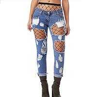 Women\'s Mid Rise Fashion Hole All Match Micro-elastic Ninth Jeans PantsSexy Simple Loose Ripped Solid