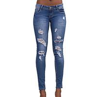 Women\'s Mid Rise Micro-elastic All Match Slim Fashion Jeans PantsSimple Street chic Skinny Ripped Solid