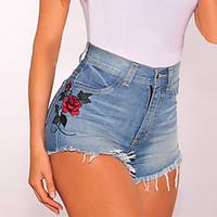 womens high rise micro elastic all match fashion embroidery shorts pan ...