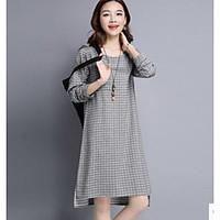 Women\'s Daily Simple Shift Dress, Print Plaid/Check Round Neck Asymmetrical Long Sleeve Linen Summer Fall Mid Rise Inelastic Medium