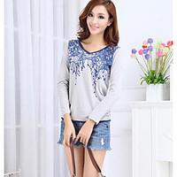 womens casual simple t shirt print round neck long sleeve 100cotton