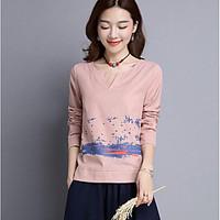 womens casual simple chinoiserie t shirt print round neck long sleeve  ...