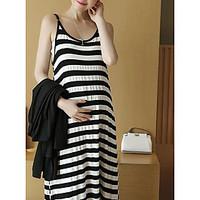 Women\'s Other Simple Loose Dress, Striped Round Neck Maxi Sleeveless Others Summer High Rise Micro-elastic Medium