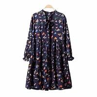 Women\'s Going out Beach Holiday Vintage Cute Loose Dress, Print Asymmetrical Knee-length Long Sleeve Cotton Spring Fall Mid Rise Inelastic