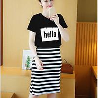 Women\'s Work Street chic Summer T-shirt Skirt Suits, Striped Letter Round Neck Short Sleeve