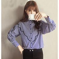 Women\'s Casual/Daily Simple Shirt, Striped Embroidered Shirt Collar Long Sleeve Cotton