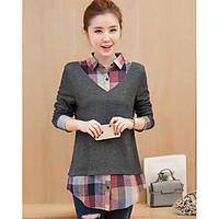 Women\'s Casual/Daily Simple Shirt, Color Block Check Shirt Collar Long Sleeve Cotton