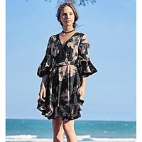 Women\'s Daily Skater Dress, Floral V Neck Above Knee 3/4-Length Sleeve Polyester Summer High Rise Inelastic Thin