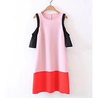 Women\'s Casual A Line Dress, Color Block Round Neck Knee-length Short Sleeve Rayon Summer Mid Rise Inelastic Thin