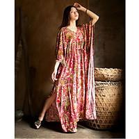 Women\'s Daily Loose Dress, Print V Neck Maxi Short Sleeve Cotton Summer Mid Rise Micro-elastic Thin