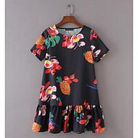 Women\'s Casual/Daily Loose Dress, Print Round Neck Above Knee Short Sleeve Rayon Summer Mid Rise Inelastic Thin