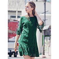 womens daily lace dress solid round neck above knee length sleeve cott ...