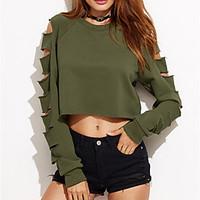 Women\'s Cut Out Casual/Daily Sexy Regular HoodiesSolid Green Round Neck Long Sleeve Cotton Fall / Winter Medium Micro-elastic
