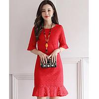 womens daily lace dress solid round neck above knee length sleeve cott ...