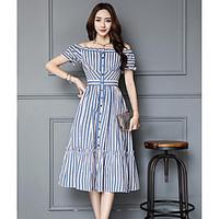 womens daily skater dress striped boat neck midi short sleeve polyeste ...