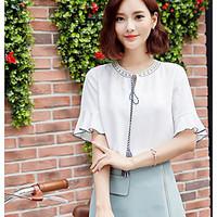 womens casual simple summer blouse solid round neck short sleeve cotto ...