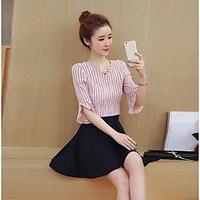 Women\'s Casual/Daily Street chic Spring Shirt Skirt Suits, Solid Striped Round Neck Half Sleeve