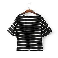 Women\'s Casual Simple T-shirt, Striped Round Neck Short Sleeve Cotton