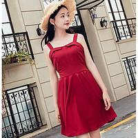 Women\'s Going out Cute Skater Dress, Solid Strapless Above Knee Sleeveless Cotton Spring Summer High Rise Micro-elastic Medium