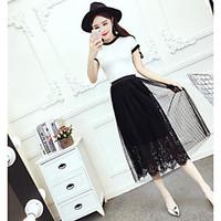 Women\'s Casual/Daily Simple Spring T-shirt Skirt Suits, Solid Round Neck Short Sleeve Lace Micro-elastic