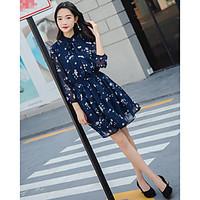 Women\'s Going out Simple A Line Dress, Floral Shirt Collar Above Knee ¾ Sleeve 95%Wool5%Silk Spring Summer High Rise Micro-elastic Thin