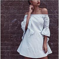 Women\'s Casual/Daily Simple A Line Dress, Striped Strapless Maxi ¾ Sleeve Other Summer Mid Rise Micro-elastic Medium